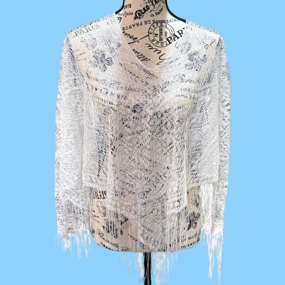 Handcrafted White Crochet Lace Shawl Wrap w Fringe Cape Sweater Overlay One Size - Picture 1 of 8